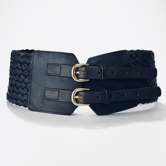 Leather woven 3.5” wide waist cinching belt double buckles 26”-30” blk EUC